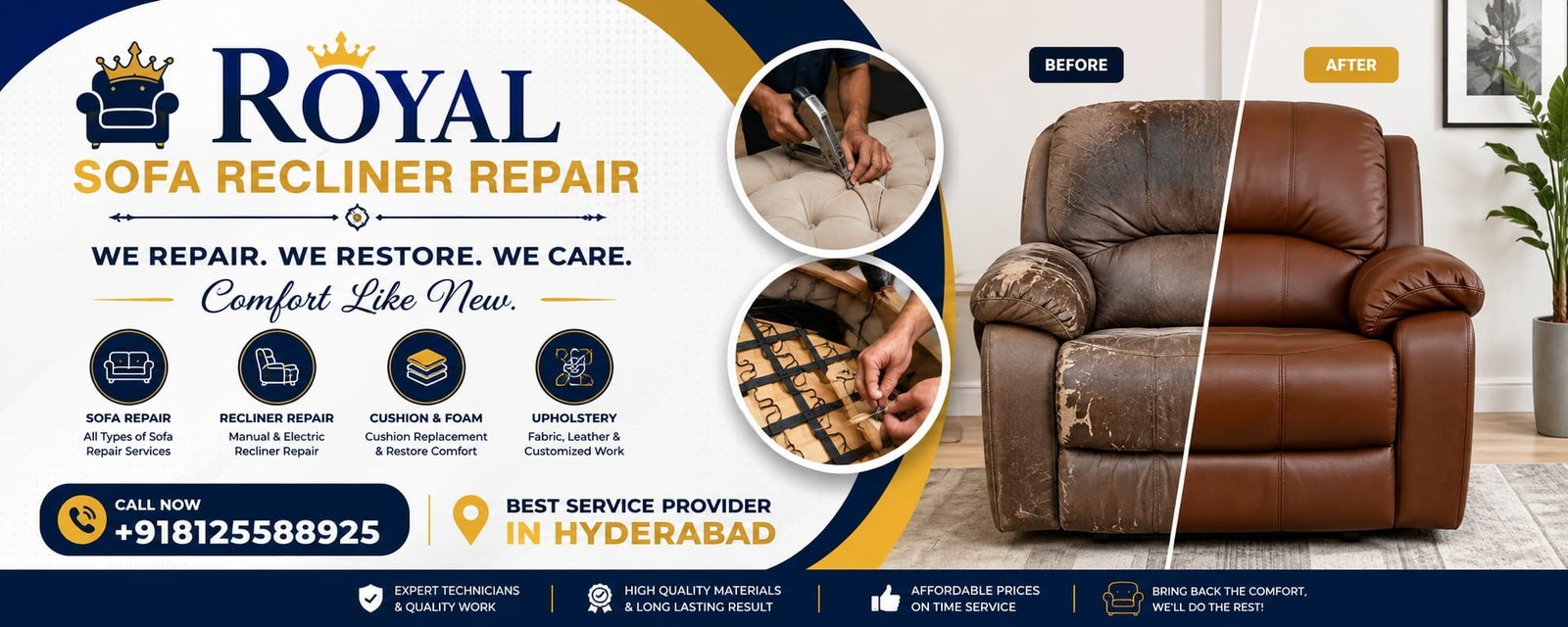 Royal Sofa Recliner Repair, Call: +918125588925
